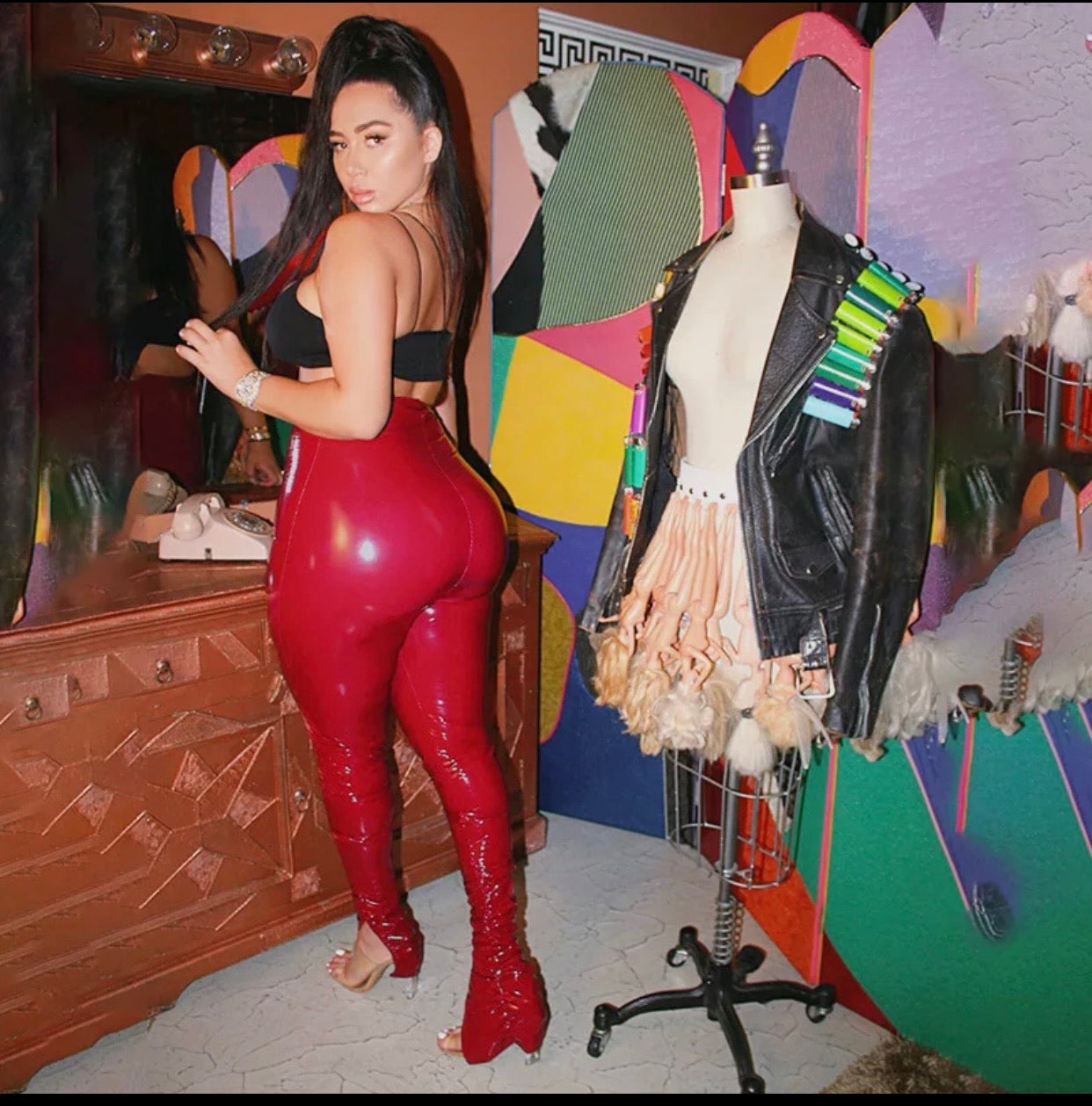 High Waisted Ruched Latex Stacked Pants